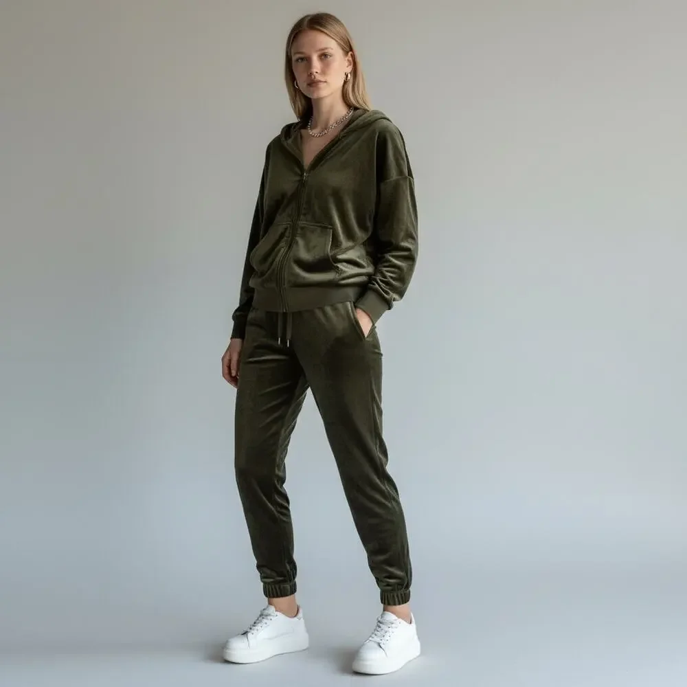 Felina Luxe Velour Zip Hoodie and Jogger Set NWT Womens Sz M Deep Olive Casual